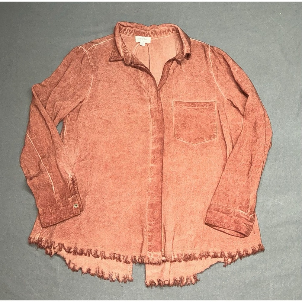 Umgee Women Rust Linen Blend Sz S Top Button Up Long Sleeve Blouse Fray Hem R1